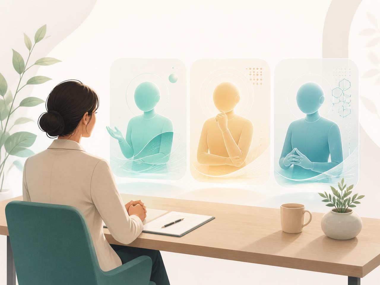 A candidate seated at a desk facing three AI interviewers